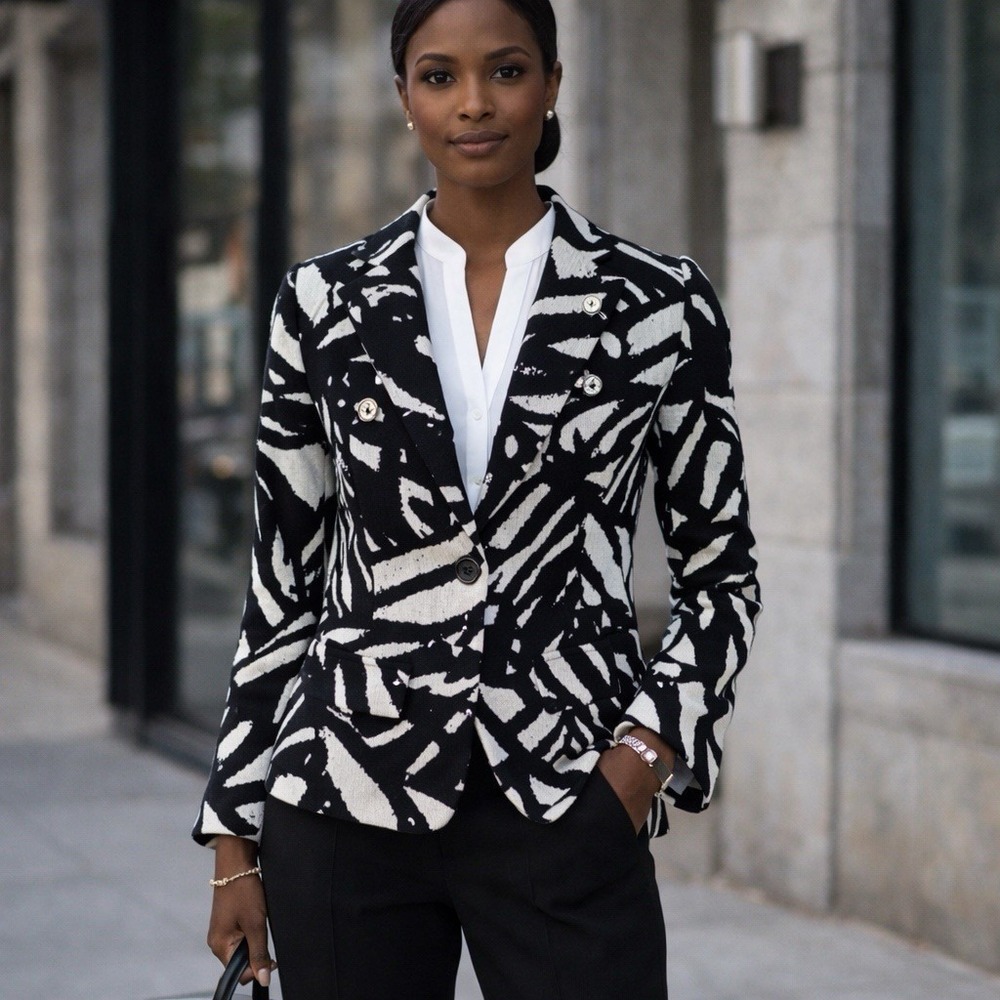 Alex And Olivia Abstract Print Blazer Black White Career Office Jacket Size M